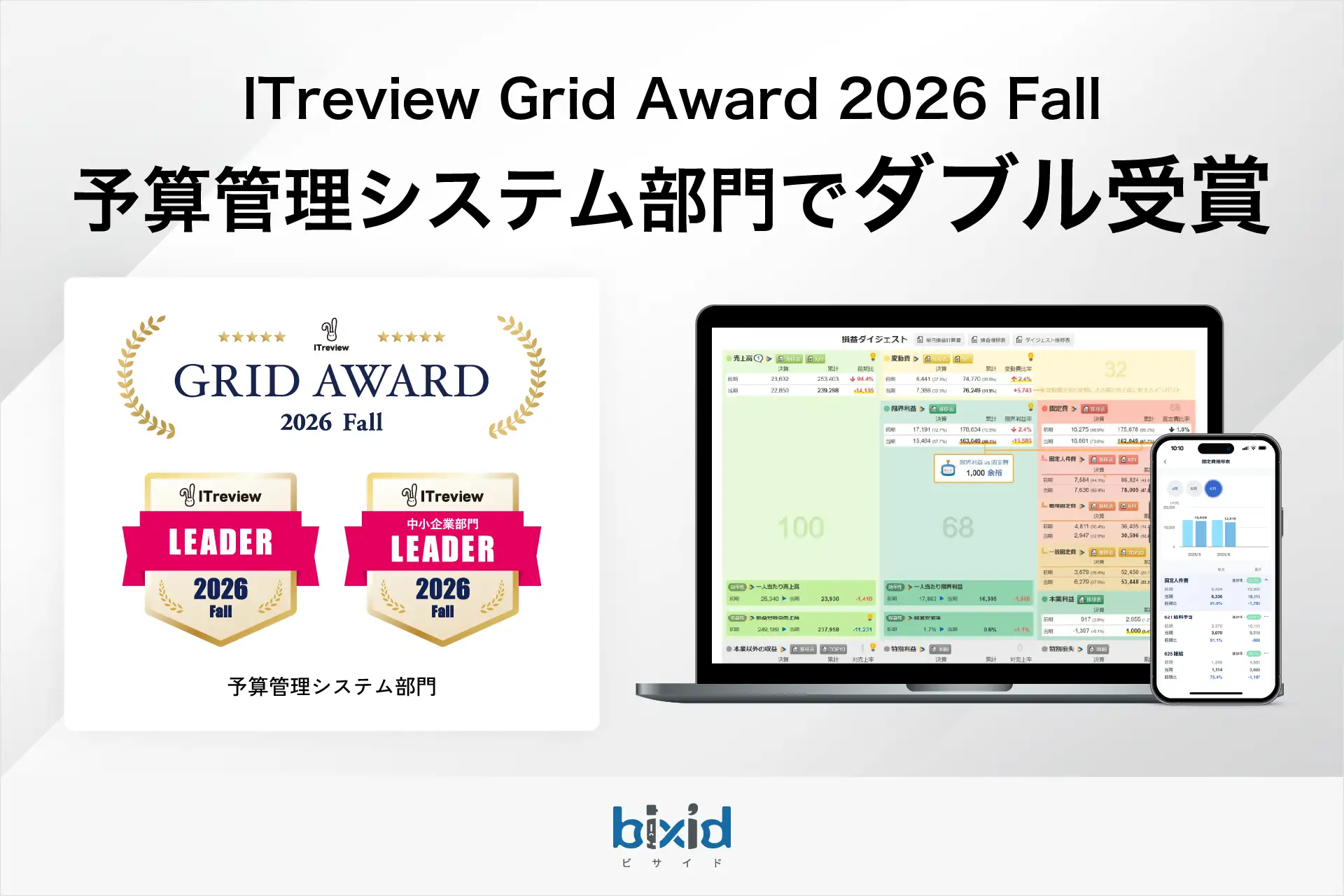 経営支援クラウド「bixid」、「ITreview Grid Award 2026 Fall」予算管理システム部門で「Leader」を受賞